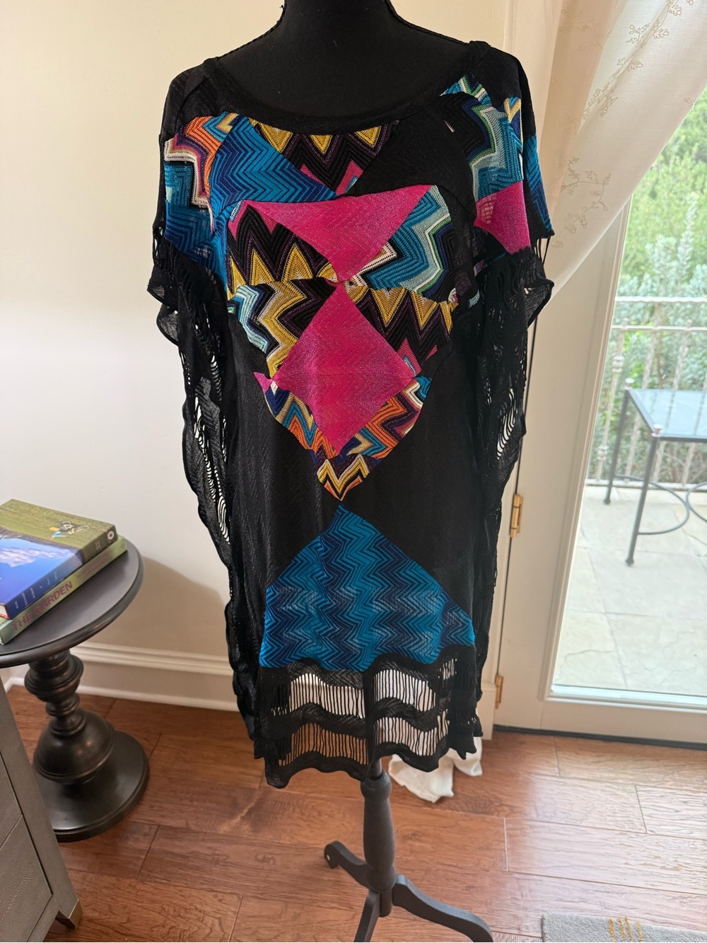 Missoni Black Mesh Dress/Coverup with Pink and Blue Geometric Accents